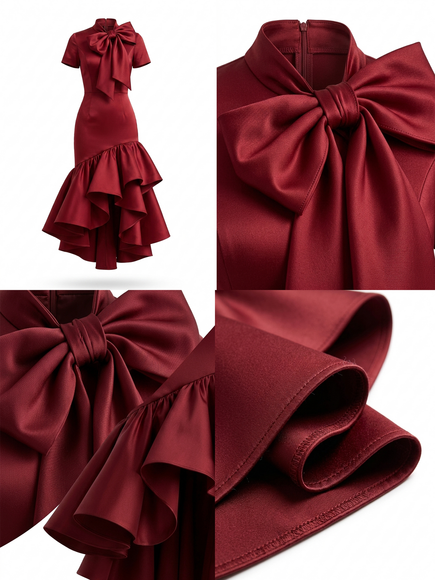 Vintage Satin Ruffle Bow Bodycon Dress