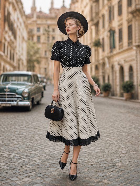 Vintage Color Block Polka Dot Lace Trim Puff Sleeve Midi Dress