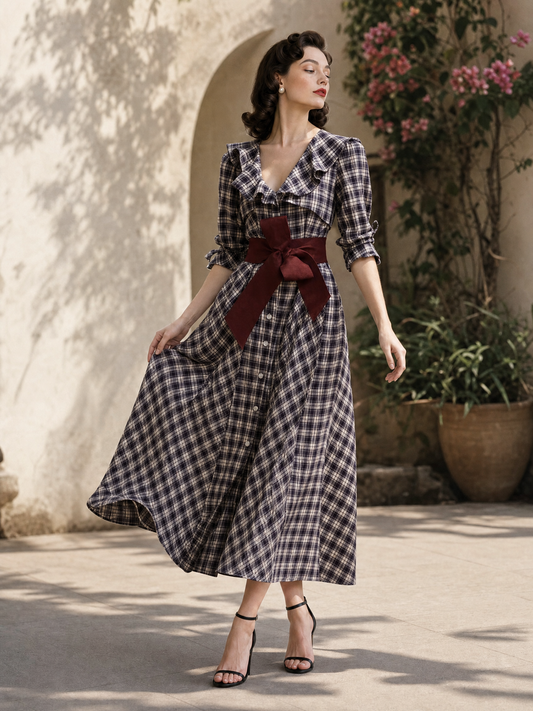 Vintage Plaid Color Contrast Belt Maxi Dress
