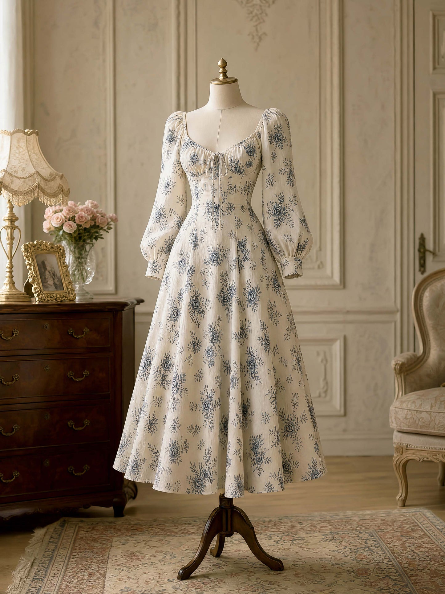 Vintage Floral Print U Neck Swing Midi Dress
