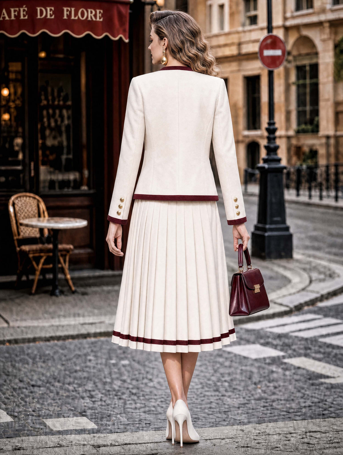 Retro Elegant Woolen Burgundy Velvet Trim Women Blazer