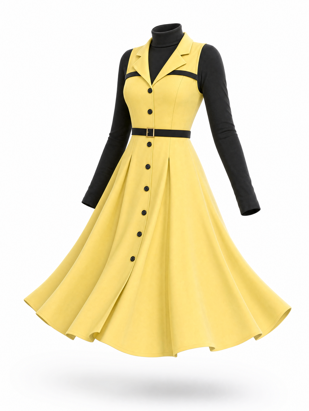 Retro Yellow Faux Two‑Piece Midi Dress