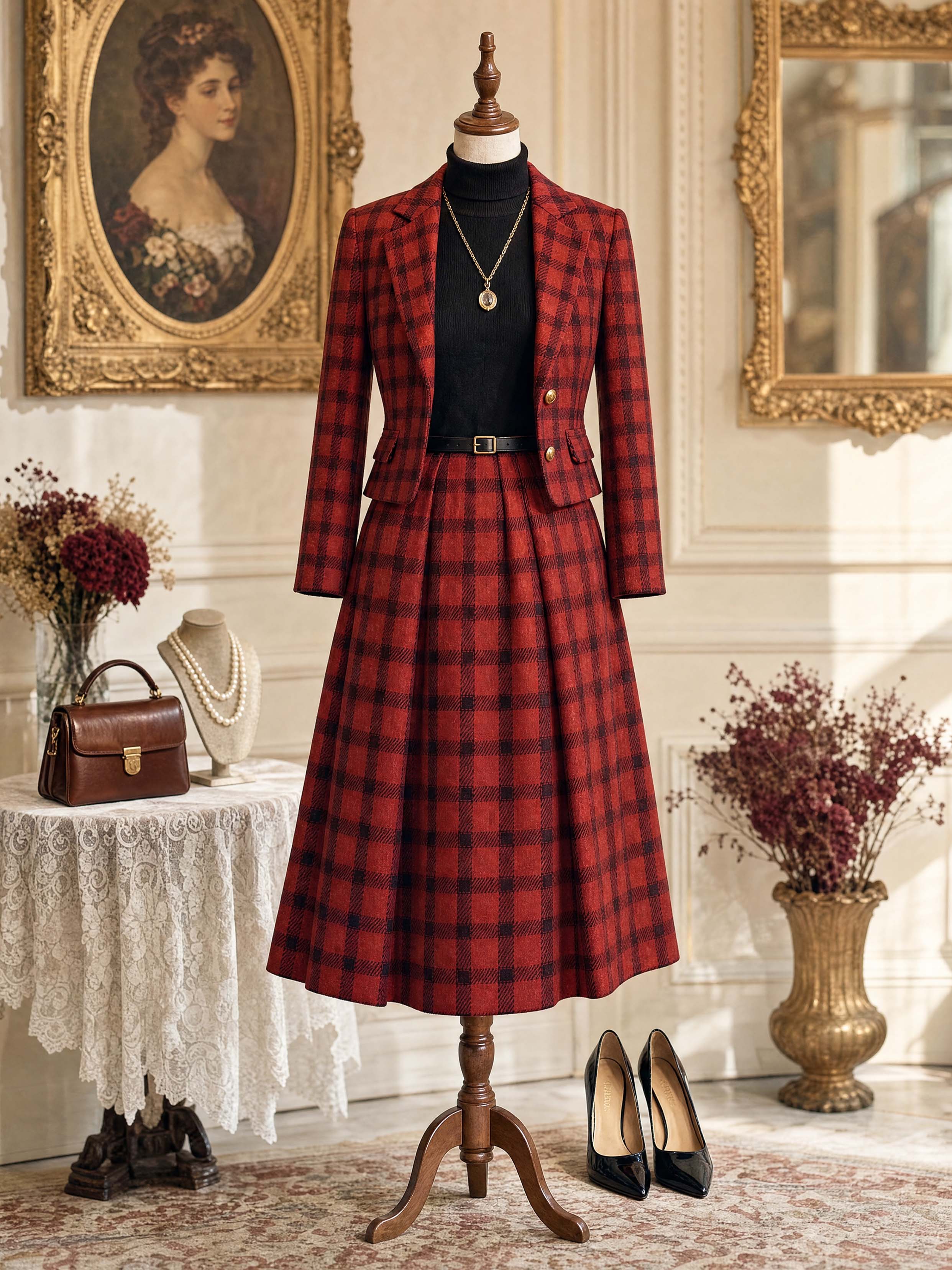 Vintage Plaid Blazer Midi Skirt Outfit