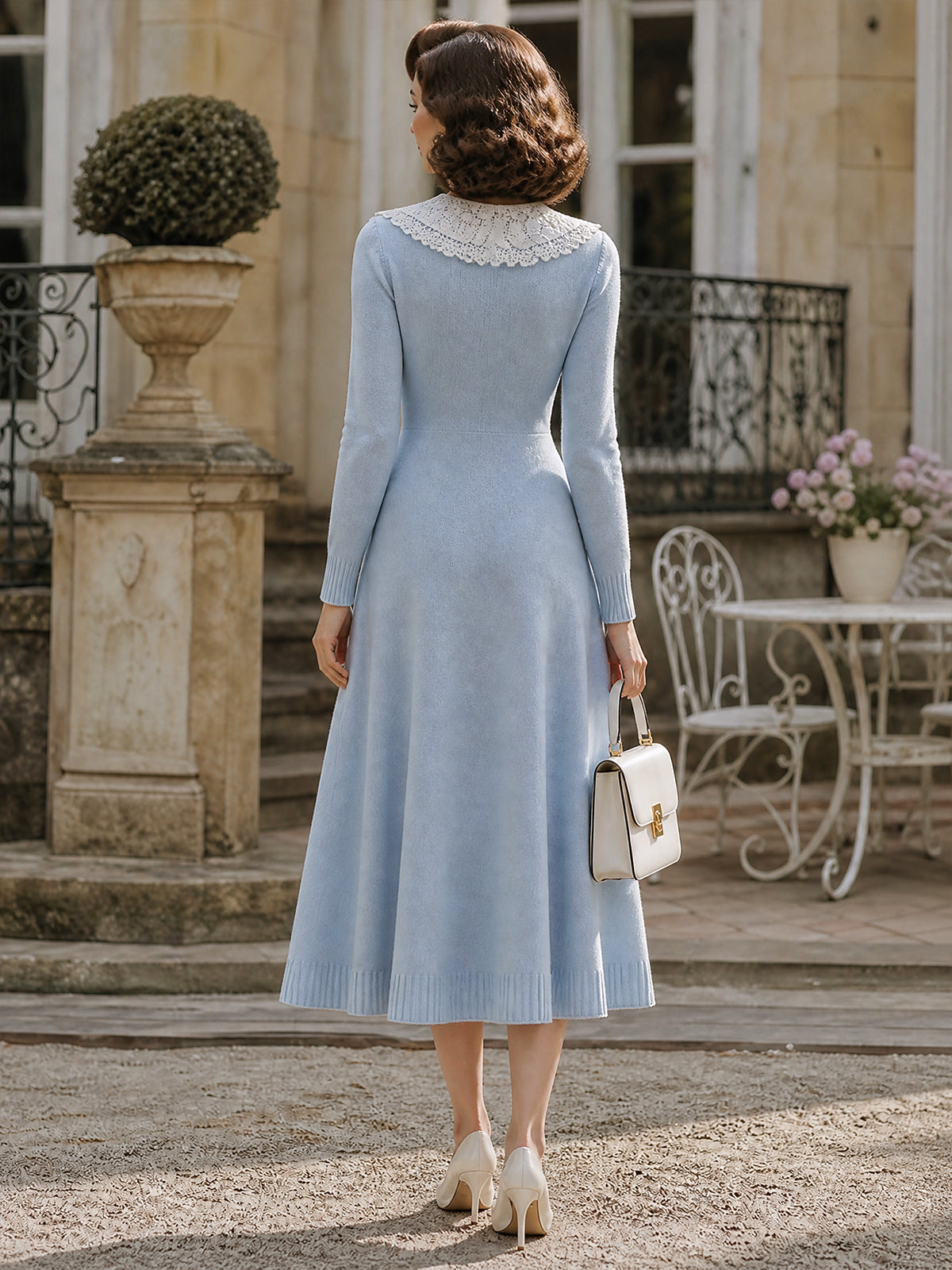Vintage Light Blue Lace-Collar Tie-Neck Knit Midi Dress