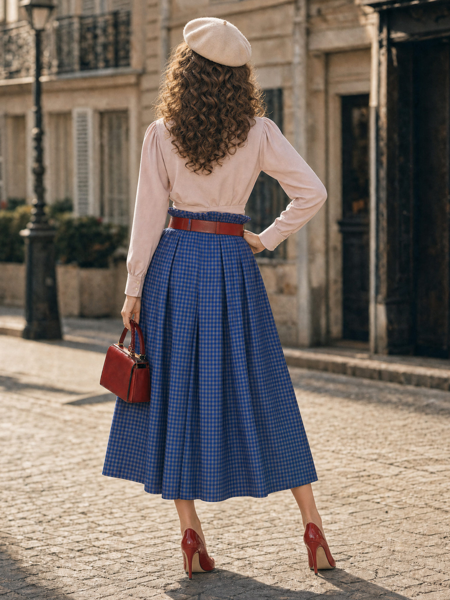 Vintage Two‑Piece Set Choker Tie Blouse Gingham Paperbag Waist Midi Skirt