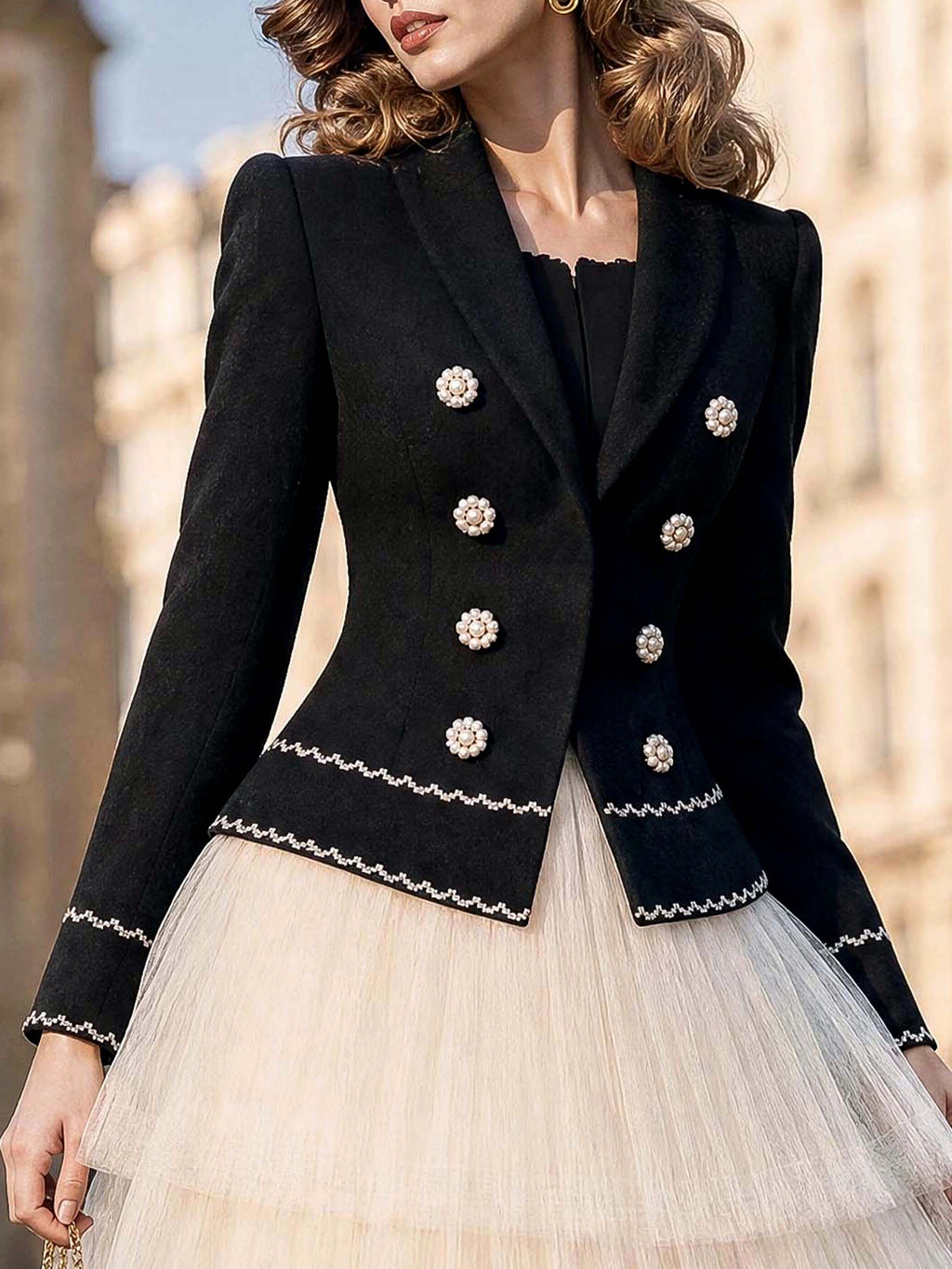 Vintage Faux Two‑Piece Pearl Trim Tweed Blazer
