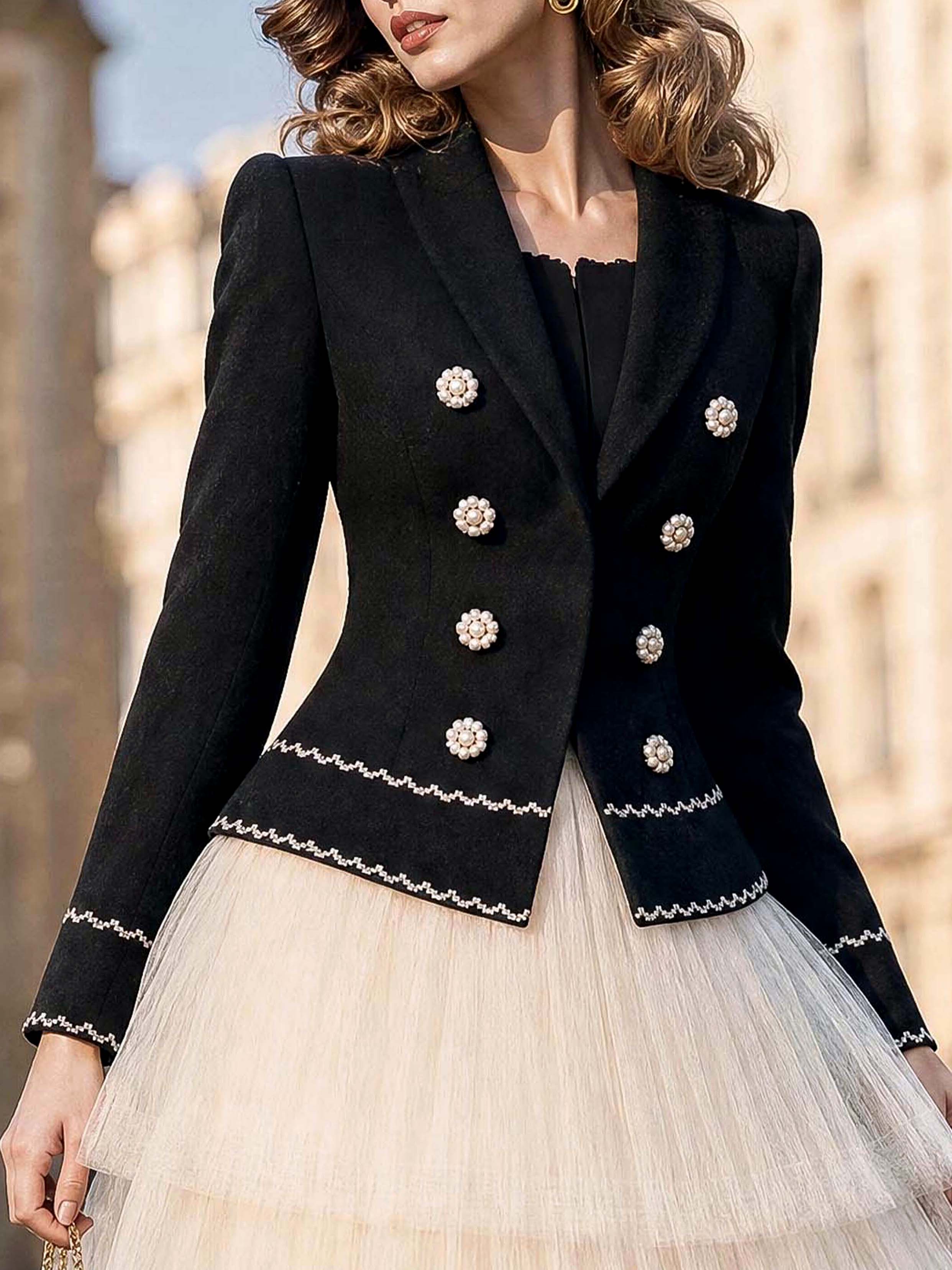 Vintage Faux Two‑Piece Pearl Trim Tweed Blazer