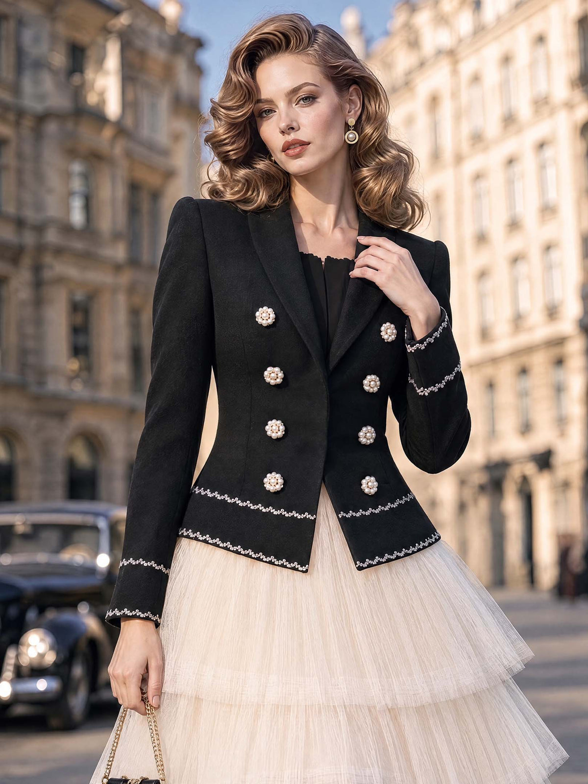 Vintage Faux Two‑Piece Pearl Trim Tweed Blazer