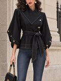Vintage Topstitch Belted Pearl-Button Cropped Jacket