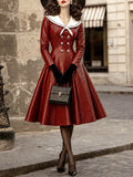 Vintage Red Croc-Leather Sailor-Collar Belted A-Line Dress
