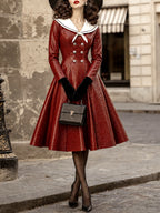 Vintage Red Croc-Leather Sailor-Collar Belted A-Line Dress