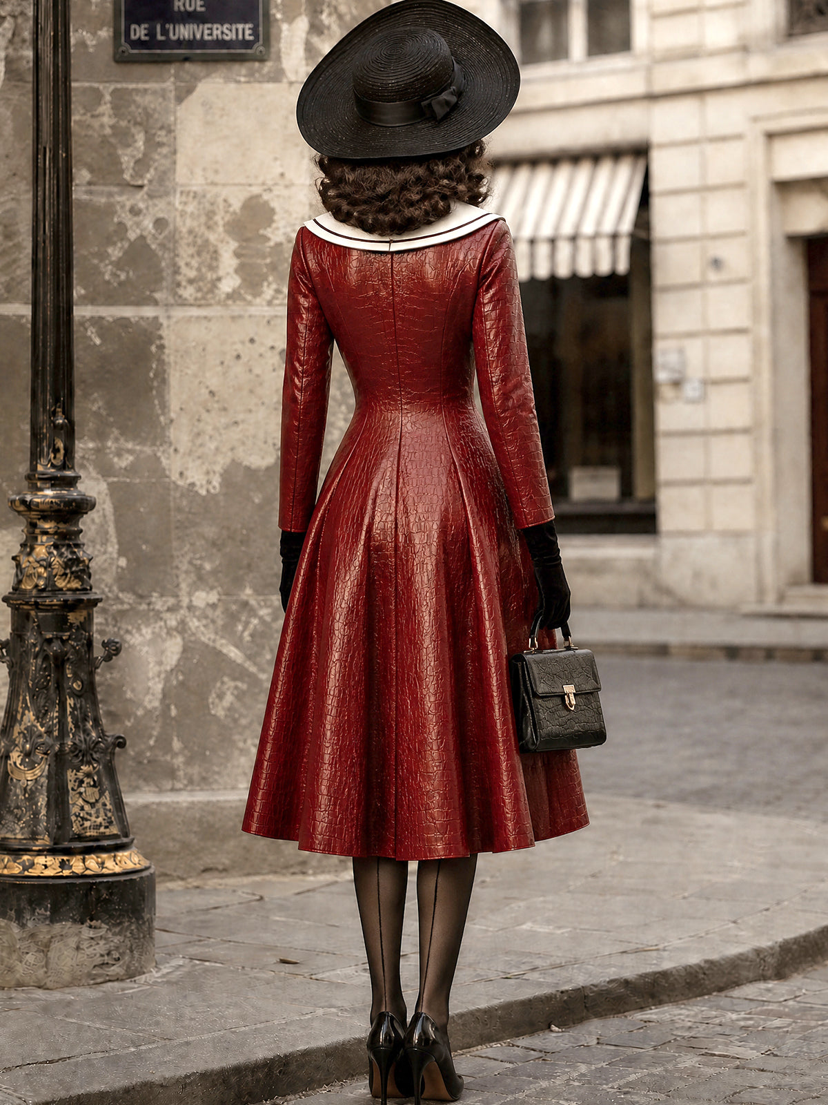 Vintage Red Croc-Leather Sailor-Collar Belted A-Line Dress