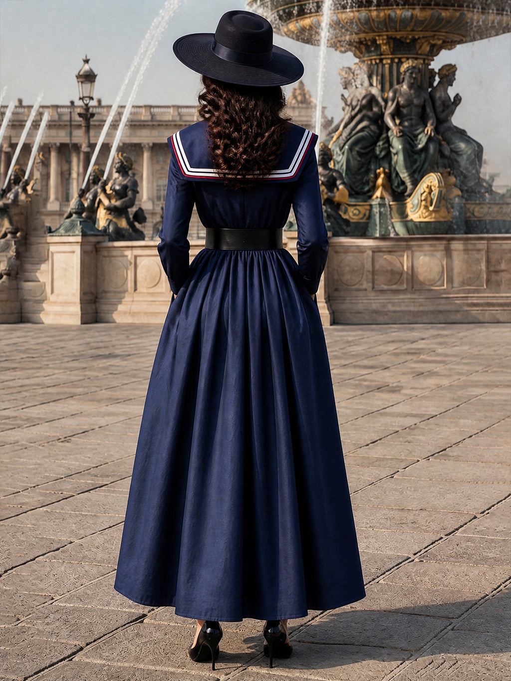 Vintage Navy Sailor-Collar Belted Long-Sleeve Maxi Dress