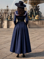 Vintage Navy Sailor-Collar Belted Long-Sleeve Maxi Dress