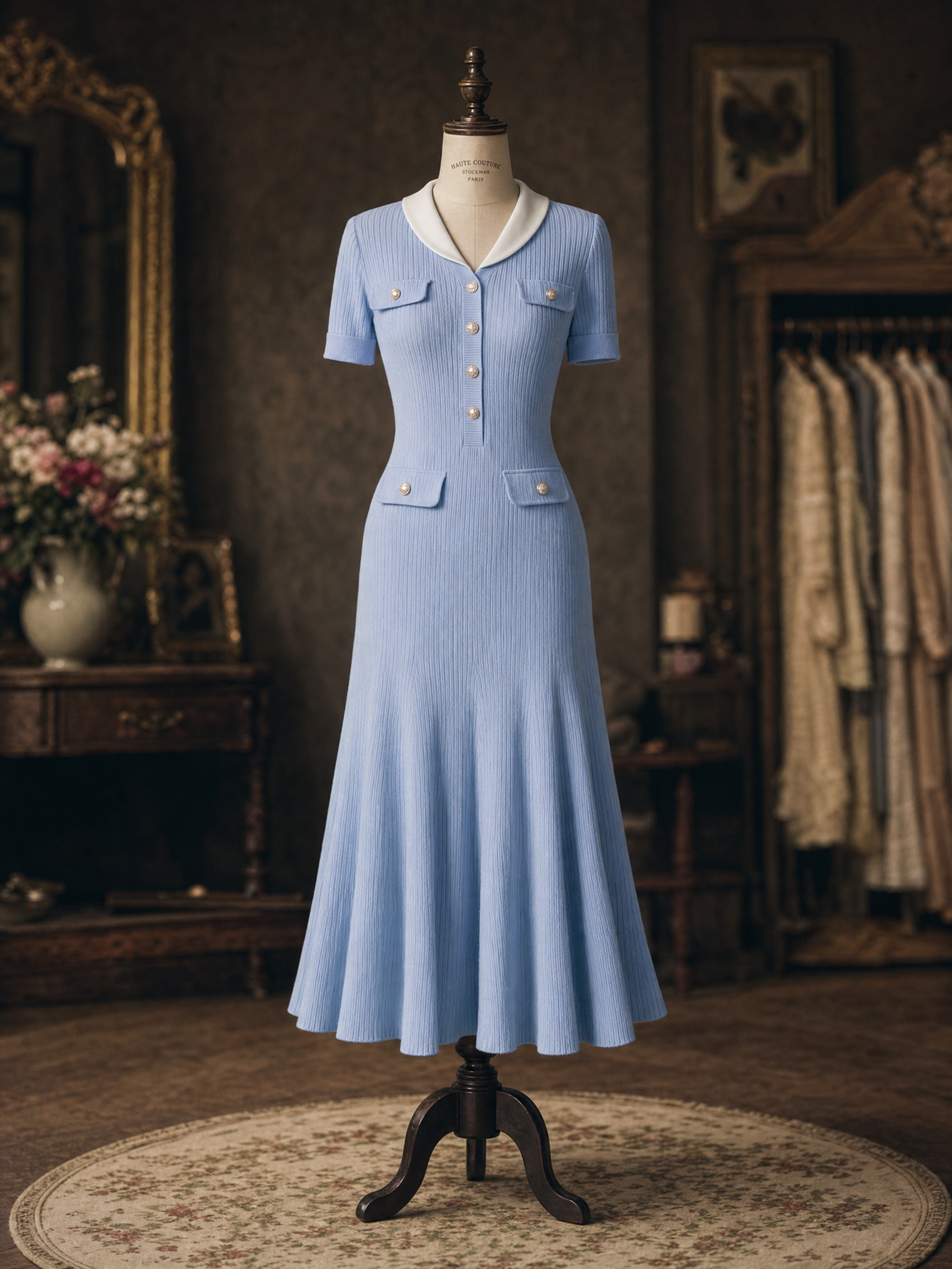 Vintage Chanel-Style Pearl Button Fitted Knit Midi Dress