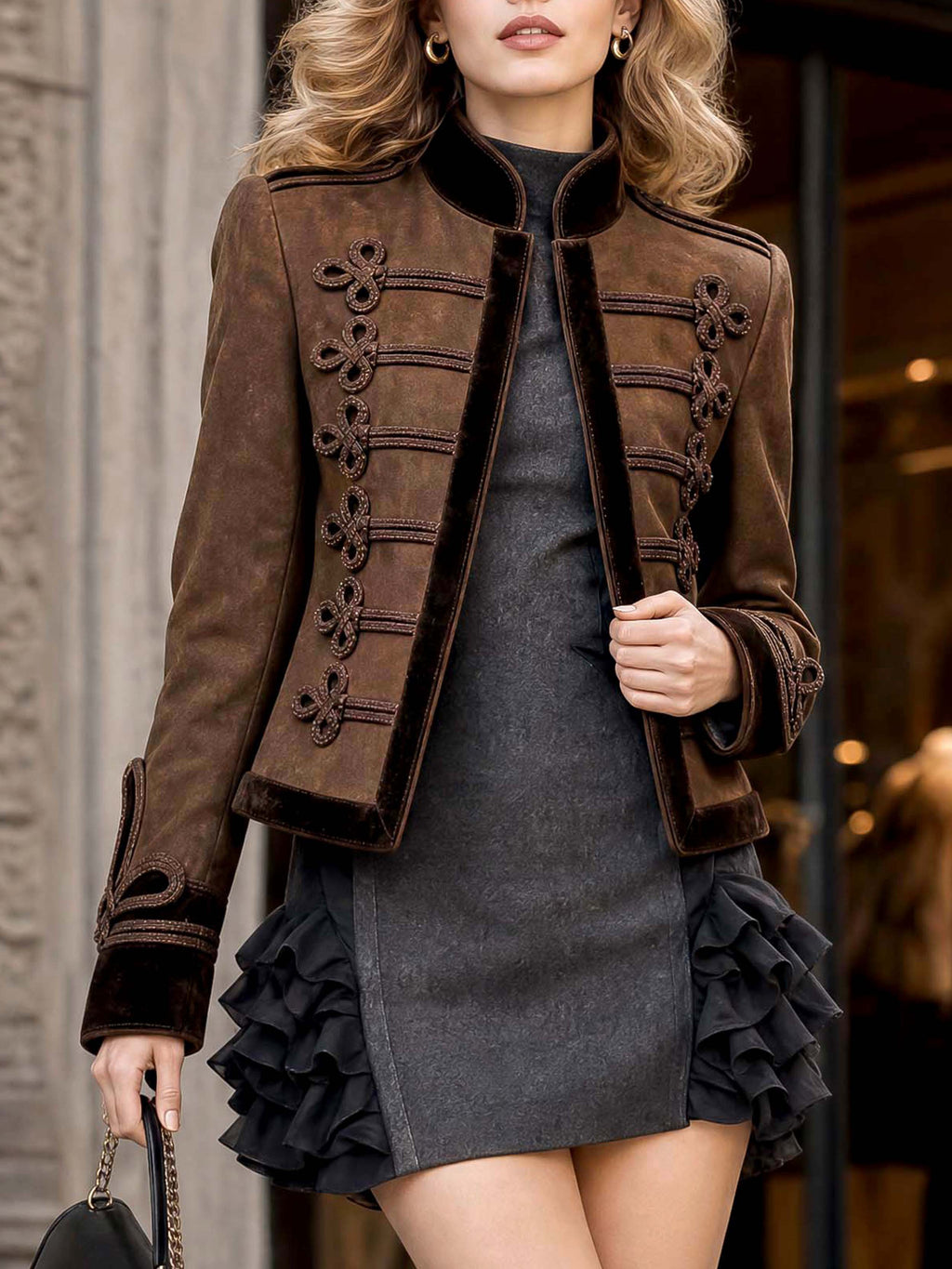 Vintage Military Frog Button Cropped Jacket