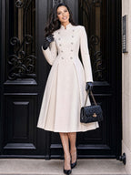 Vintage Ivory Stand-Collar Double-Breasted Fit & Flare Midi Dress