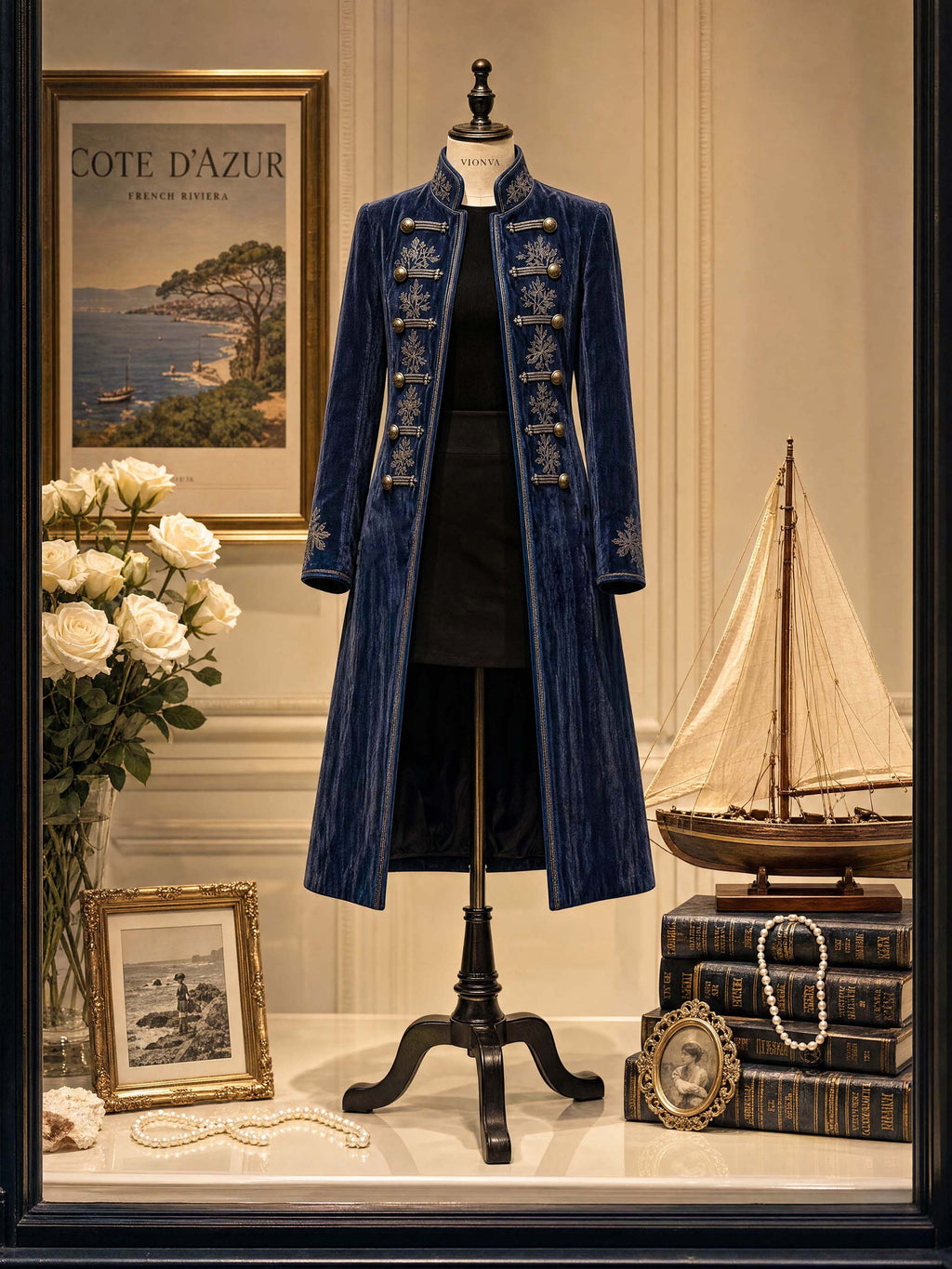 Vintage Military Embroidered Velvet Stand‑Collar Midi Coat