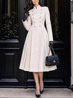 Vintage Ivory Stand-Collar Double-Breasted Fit & Flare Midi Dress
