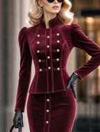 Vintage Burgundy Velvet Military Cropped Jacket
