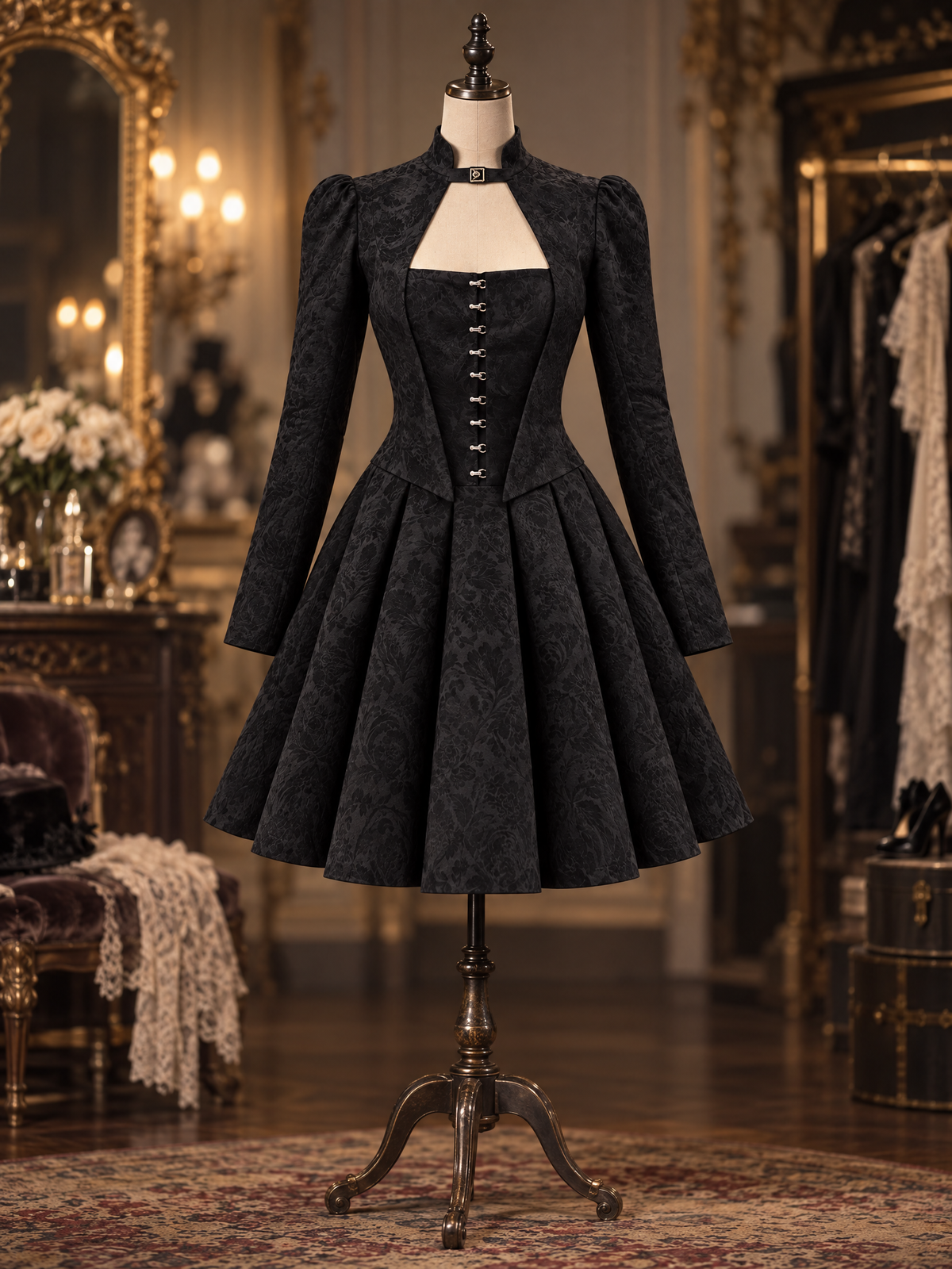 Vintage Jacquard High Neck Puff Long Sleeve Corset Flared Mini Dress