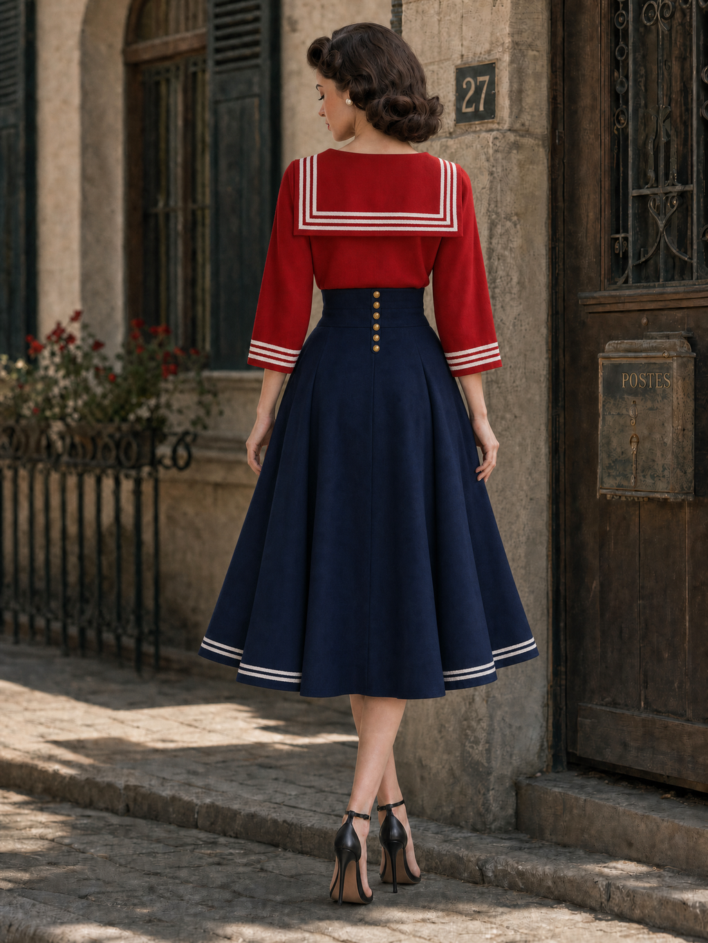 Vintage Nautical‑Style Top & Midi Skirt Set