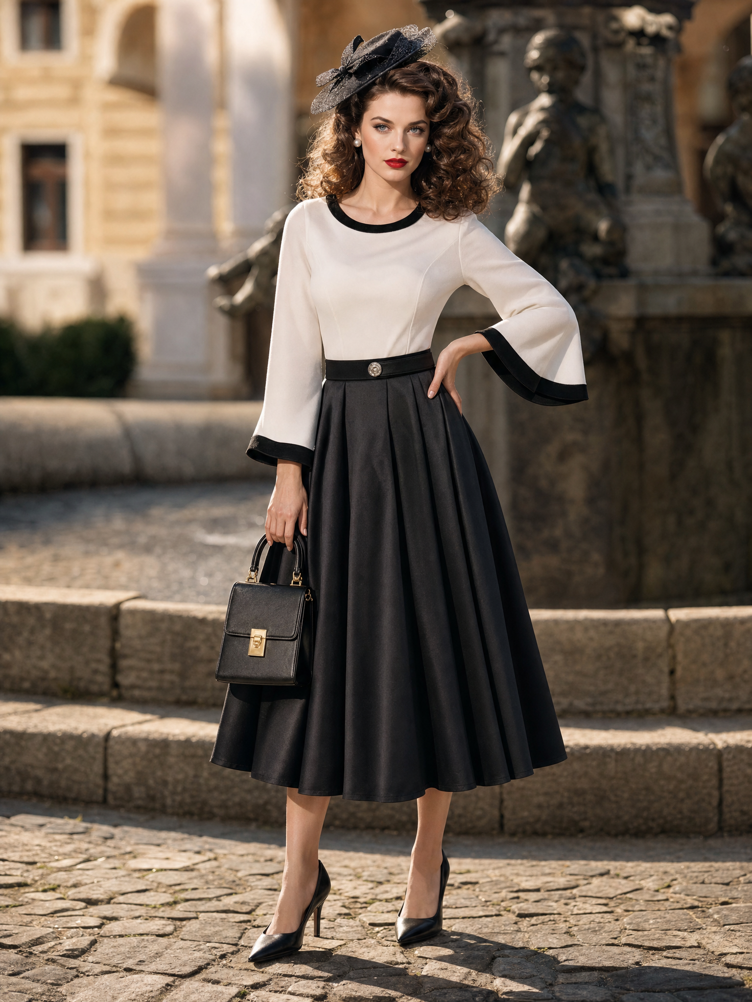 Vintage Black White Contrast Bell Sleeve Midi Dress