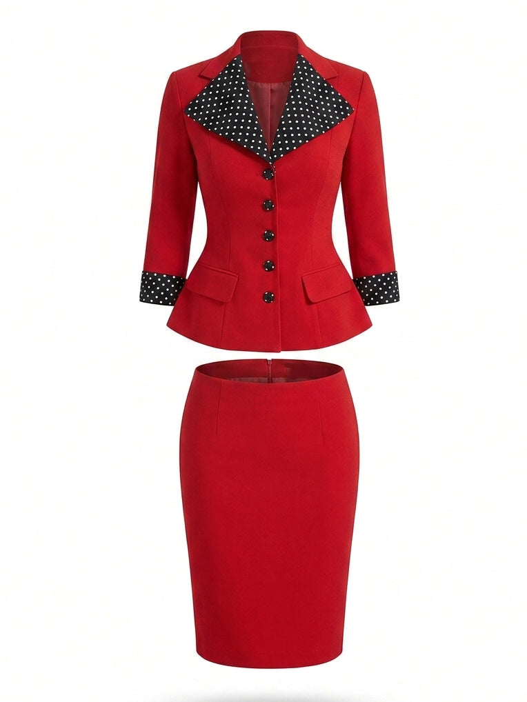 Vintage Polka Dot Spliced Lapel Skirt Two-piece Set