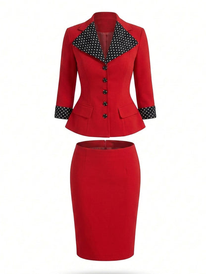 Vintage Polka Dot Spliced Lapel Skirt Two-piece Set
