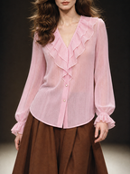 Vintage Ruffled V-neck Lightweight Blouse