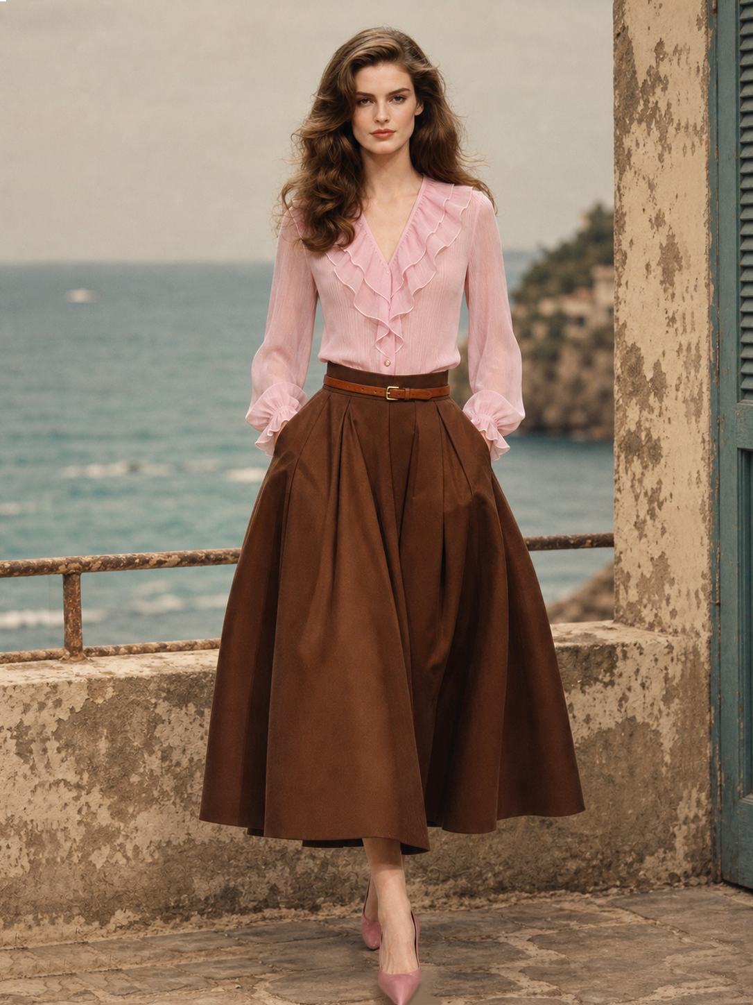 Vintage Pleated  High Waist Swing Maxi Skirt