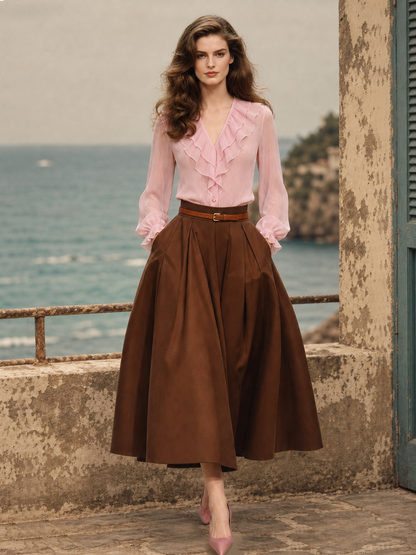 Vintage Pleated  High Waist Swing Midi Skirt
