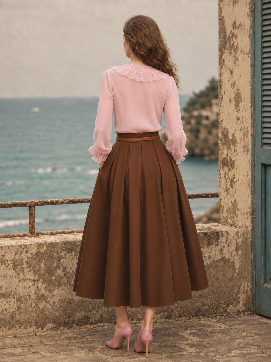 Vintage Pleated  High Waist Swing Maxi Skirt