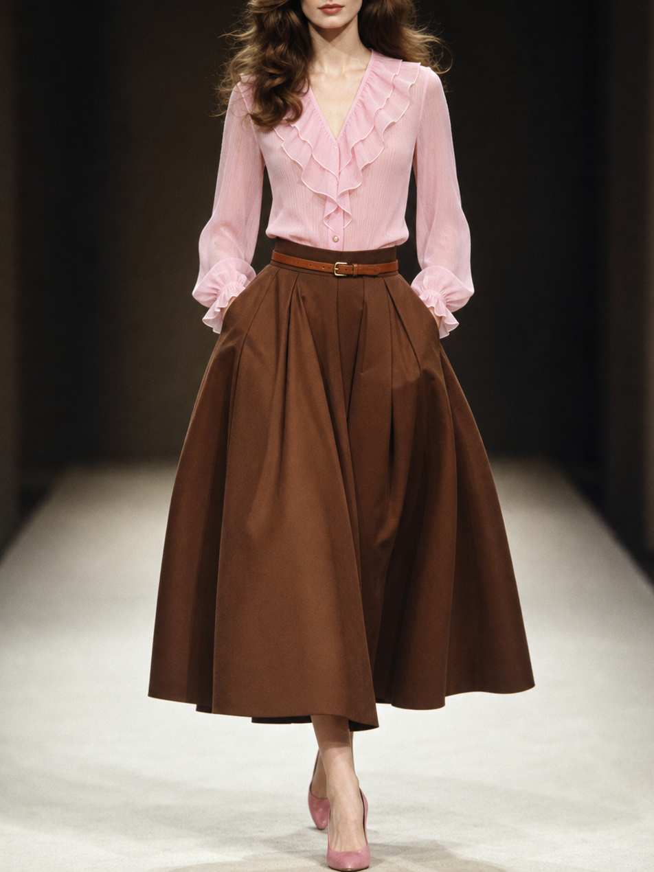 Vintage Pleated  High Waist Swing Maxi Skirt