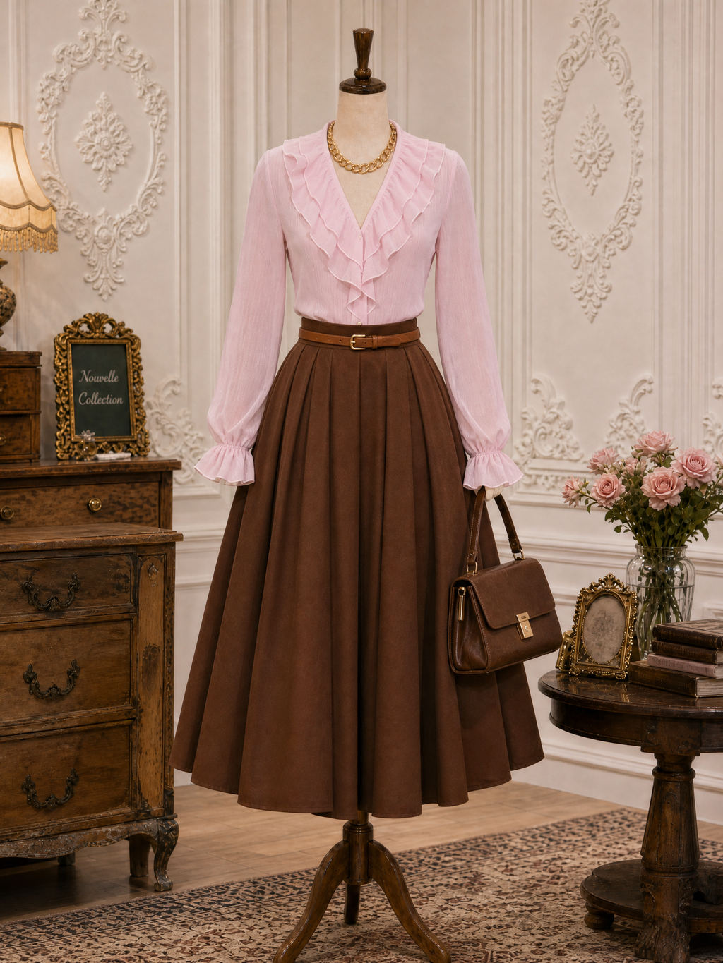 Vintage Pleated  High Waist Swing Maxi Skirt