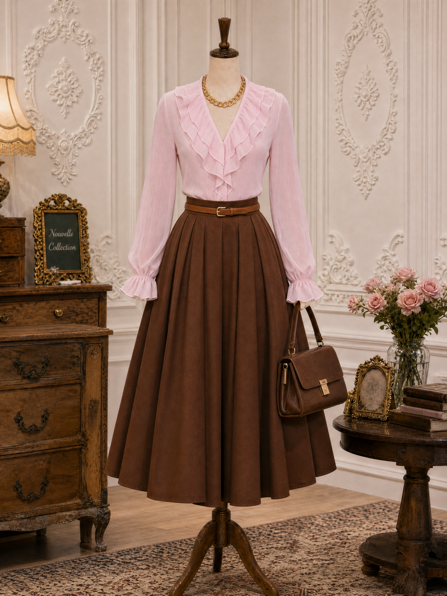 Vintage Pleated  High Waist Swing Maxi Skirt