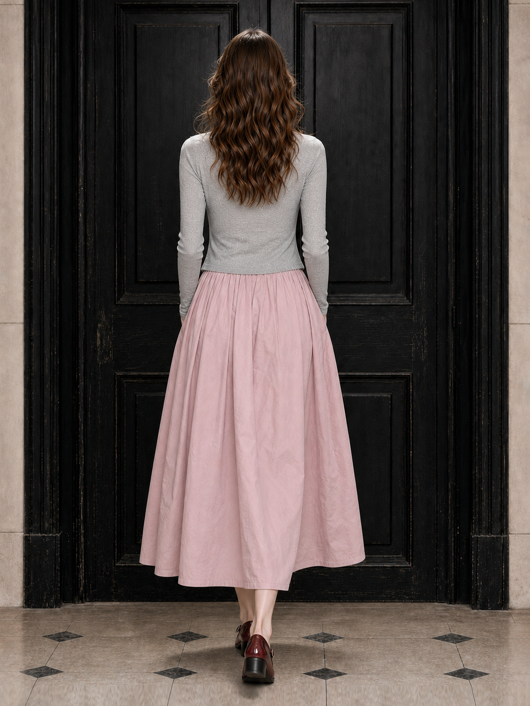 Vintage Elastic High Waist Gathered Maxi Skirt