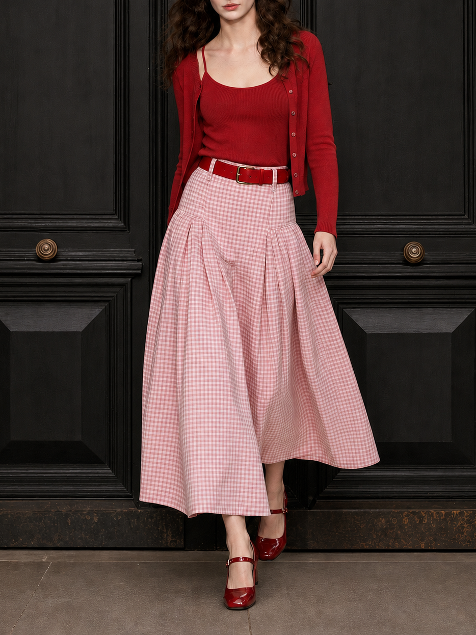 Vintage Plaid Pleated High Waist Maxi Skirt