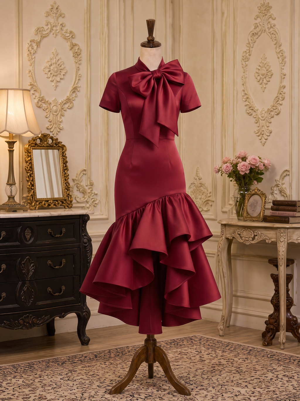 Vintage Satin Ruffle Bow Bodycon Midi Dress