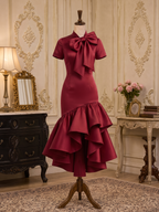 Vintage Satin Ruffle Bow Bodycon Midi Dress