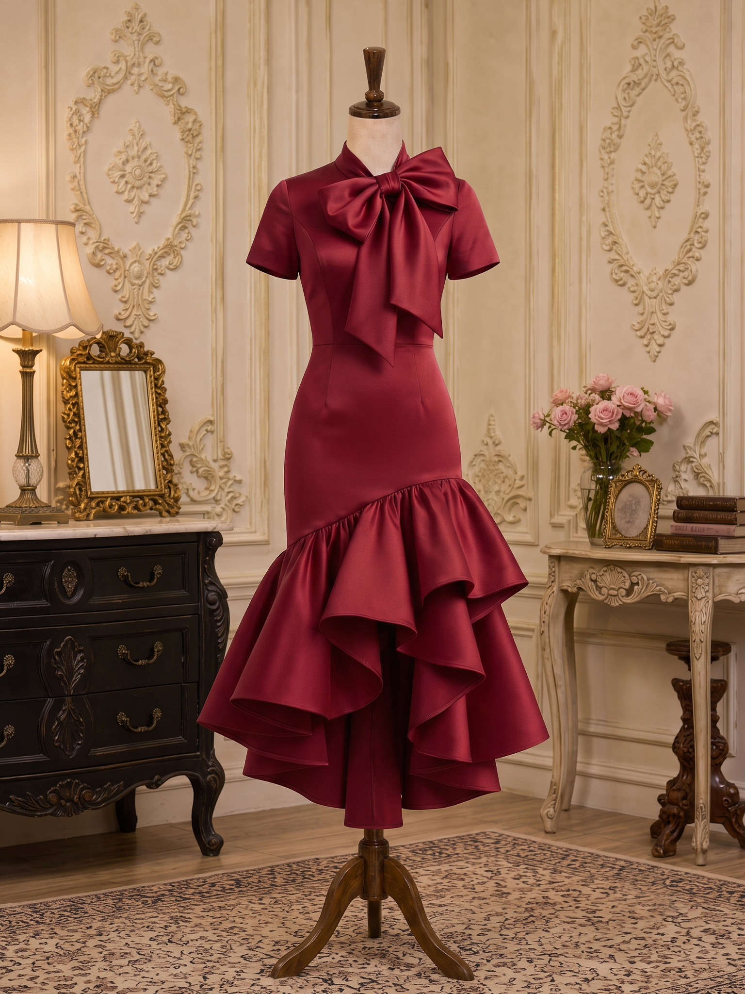 Vintage Satin Ruffle Bow Bodycon Midi Dress