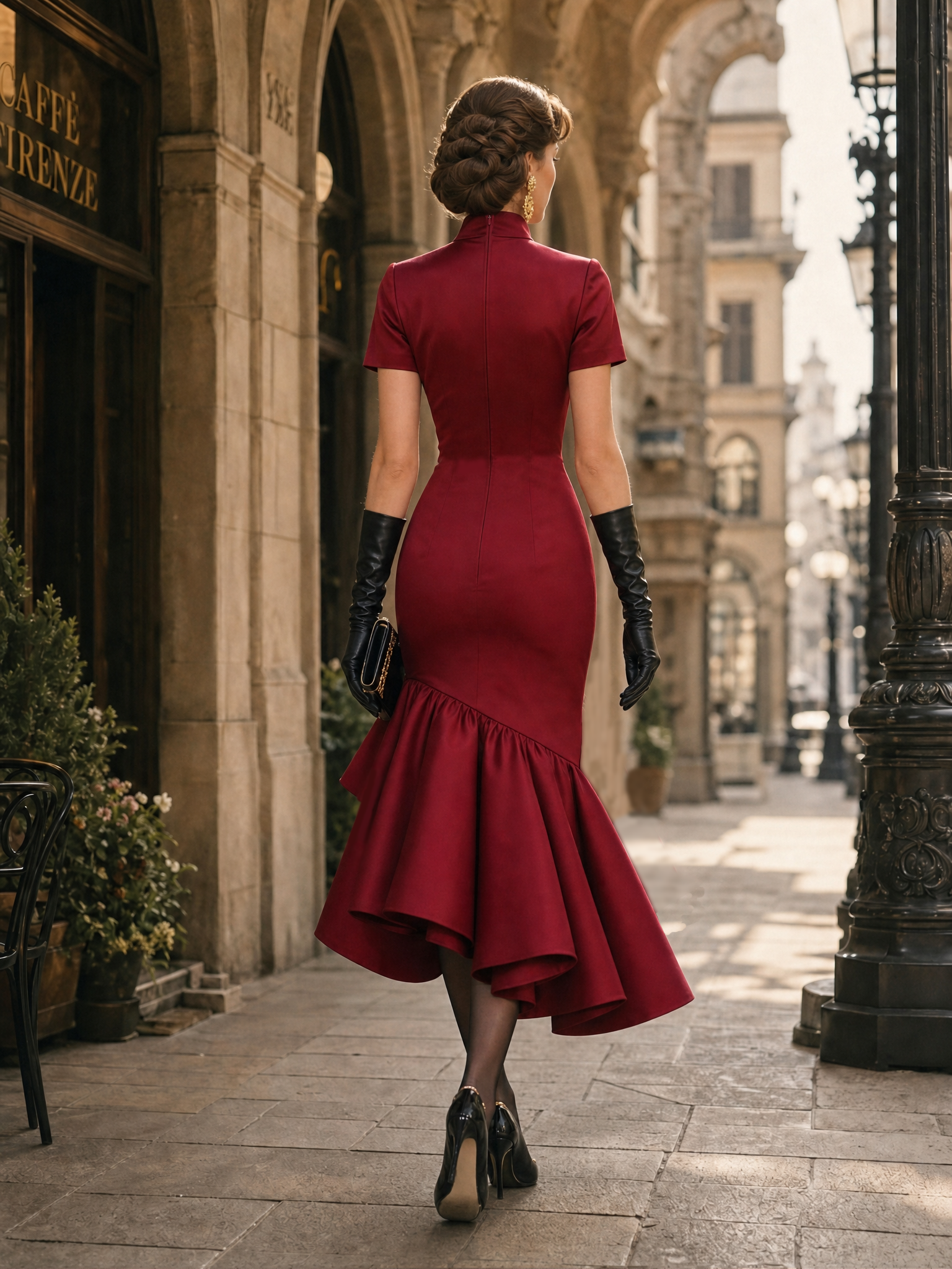 Vintage Satin Ruffle Bow Bodycon Midi Dress