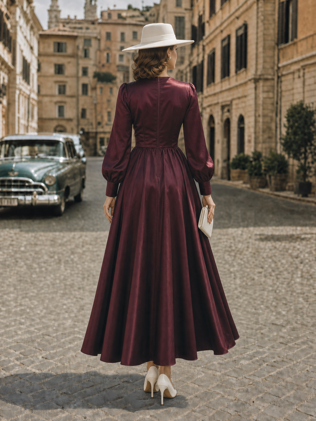 Vintage Elegant Shiny Waist-Cinched Lantern Sleeve Midi Dress