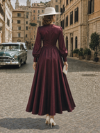 Vintage Elegant Shiny Waist-Cinched Lantern Sleeve Midi Dress