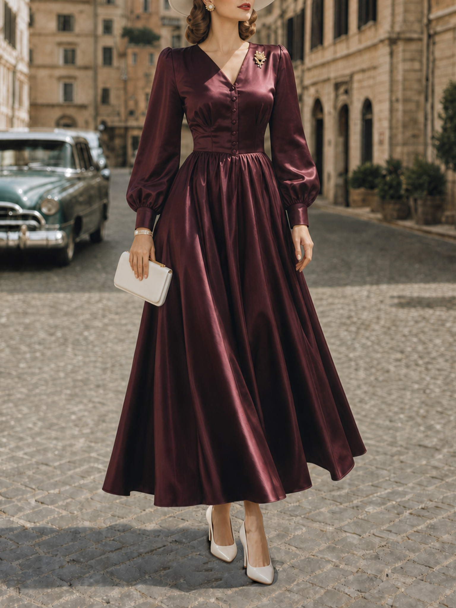 Vintage Elegant Shiny Waist-Cinched Lantern Sleeve Midi Dress