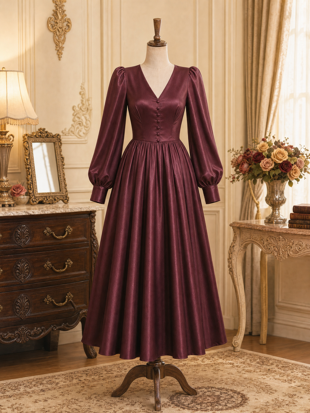 Vintage Elegant Shiny Waist-Cinched Lantern Sleeve Midi Dress
