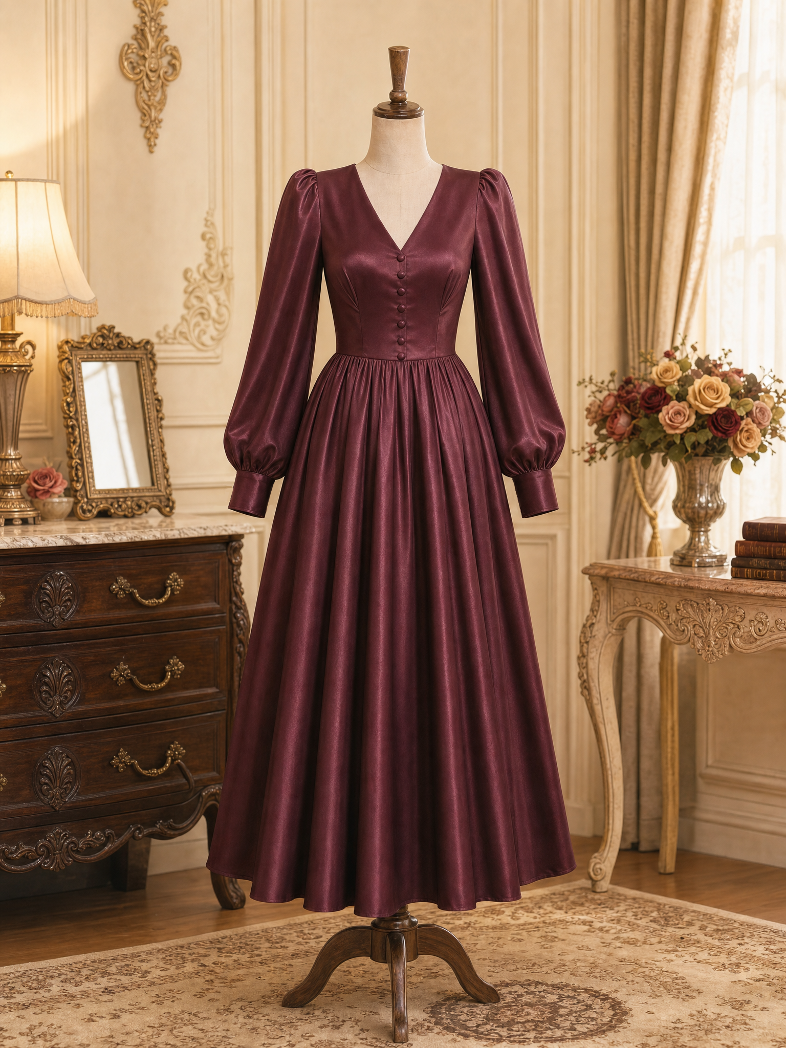 Vintage Elegant Shiny Waist-Cinched Lantern Sleeve Midi Dress