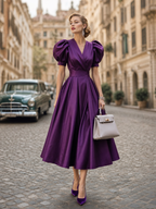 Vintage Elegant Shiny Puff Sleeve Midi Dress