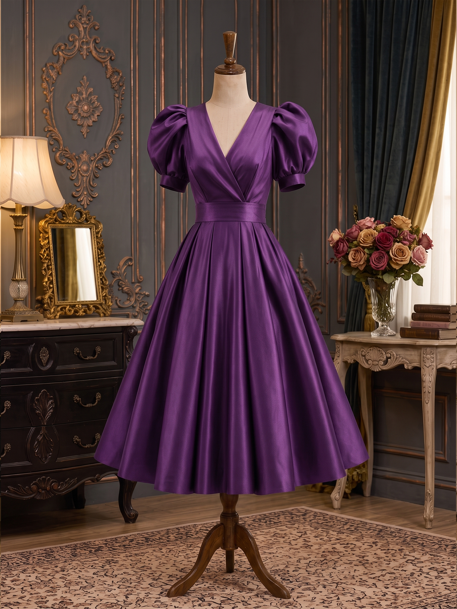 Vintage Elegant Shiny Puff Sleeve Midi Dress