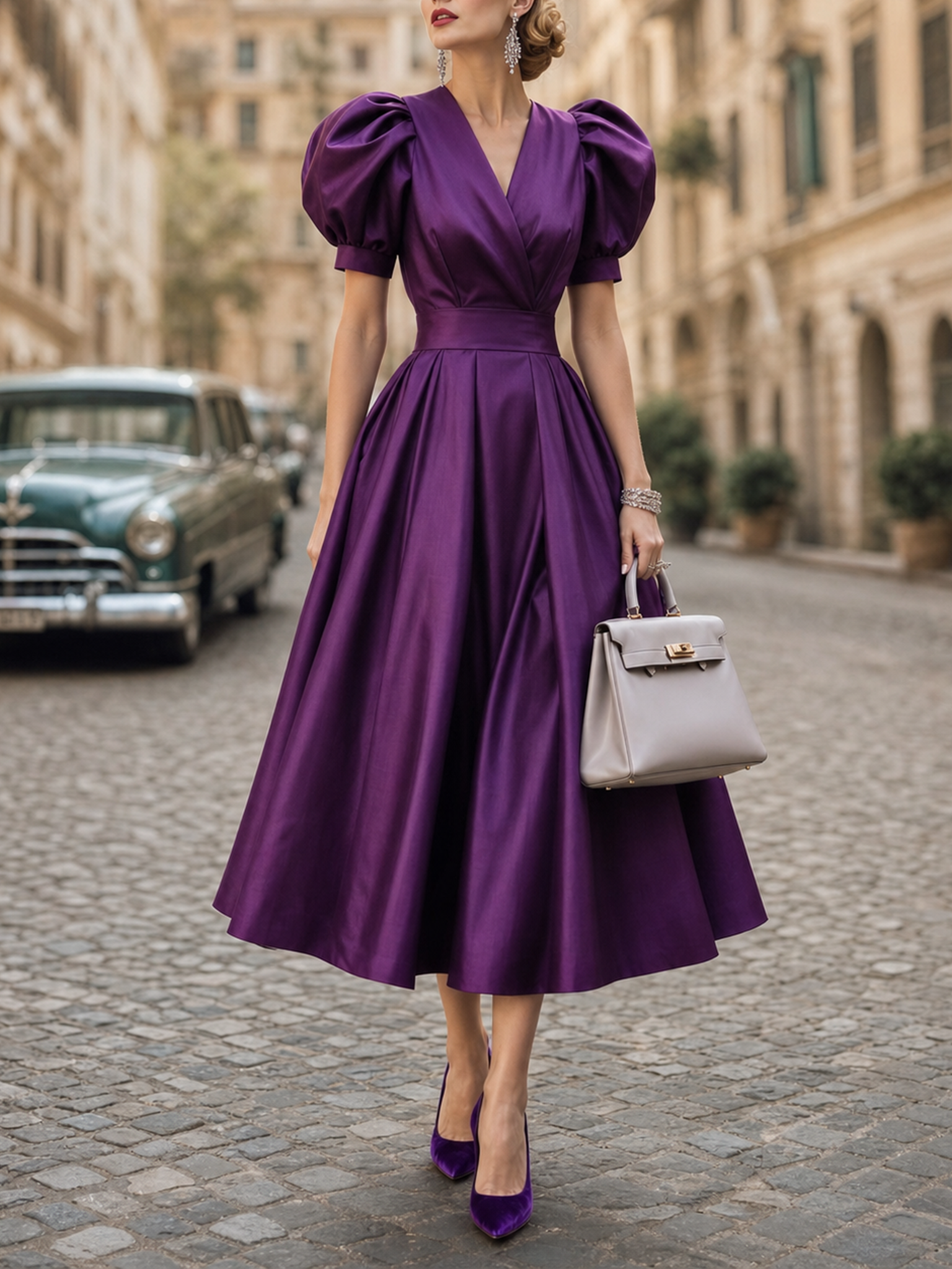 Vintage Elegant Shiny Puff Sleeve Midi Dress